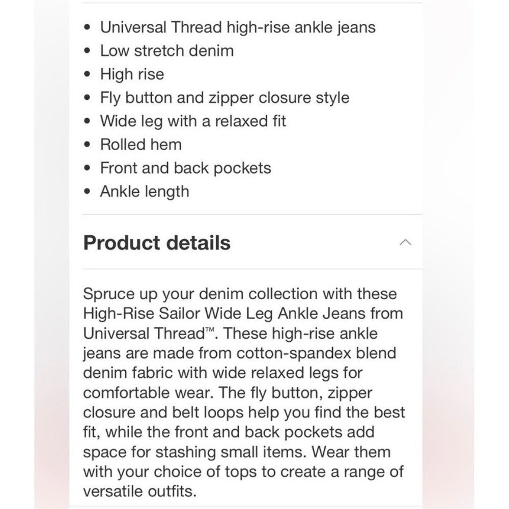 Universal Thread Womens High-Rise Sailor Wide Leg Ankle Jeans Blue Size 14 R NWT - Picture 4 of 4